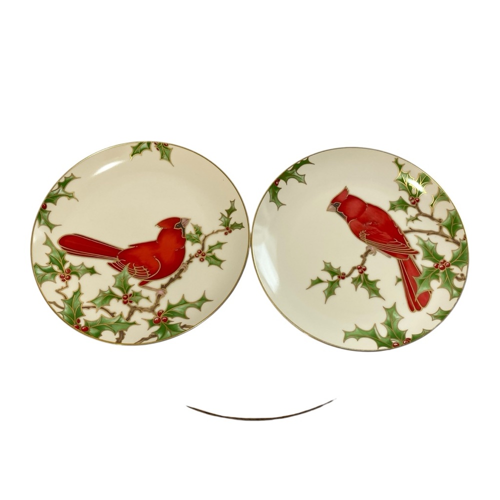 VINTAGE Set of 2 Fitz & Floyd Christmas Holly Cardinal Salad 245 Plate 7.5”